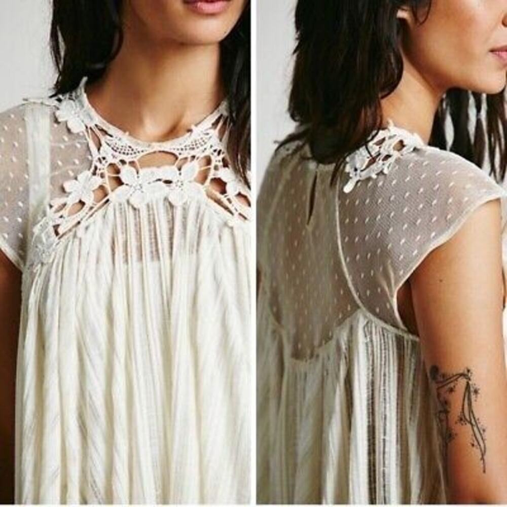 New Free People Stars Align Swing Semi Sheer Lace Top $98  X-SMALL Eggshell
